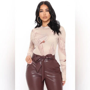 Blush Bodysuit Sheer Mesh Swan Print Long Sleeve Size Small